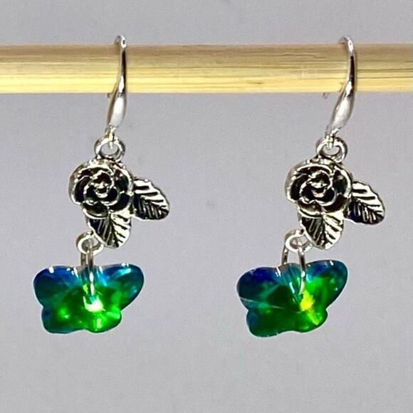 AUK Silver 925 Flower & Crystal Butterfly Dangles - Picture 3 of 10